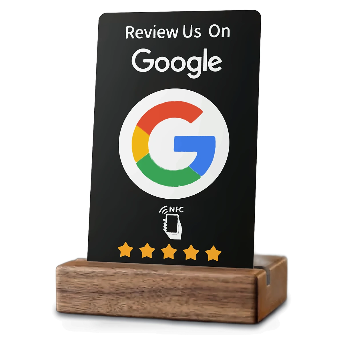 Tarjeta negra con logo de Google y cinco estrellas en base de madera